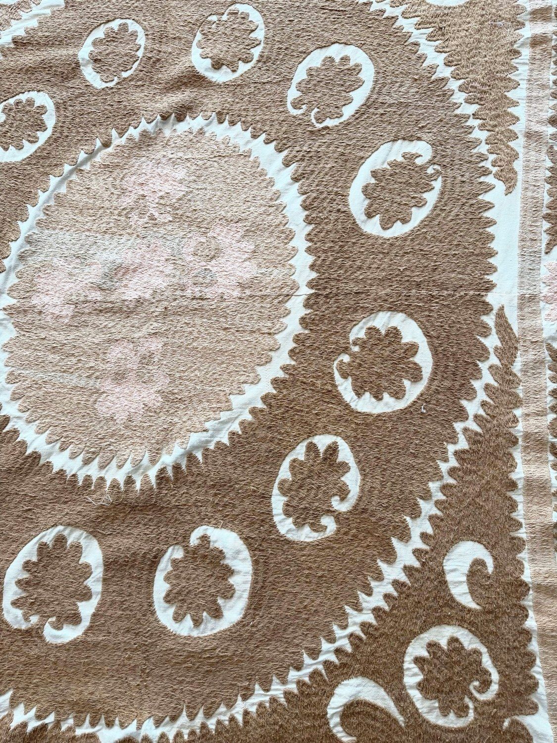 photo for sale Suzani Wall Tapestry   Neutral Tan Uzbek Tablecloth 153 X 154 Cm