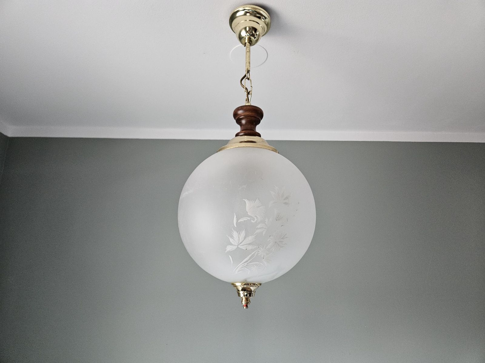 1 Of 2 Vintage Frosted Glass Globe Pendant Light – Floral Etched Mid Century Ceiling Lamp photo Lighting