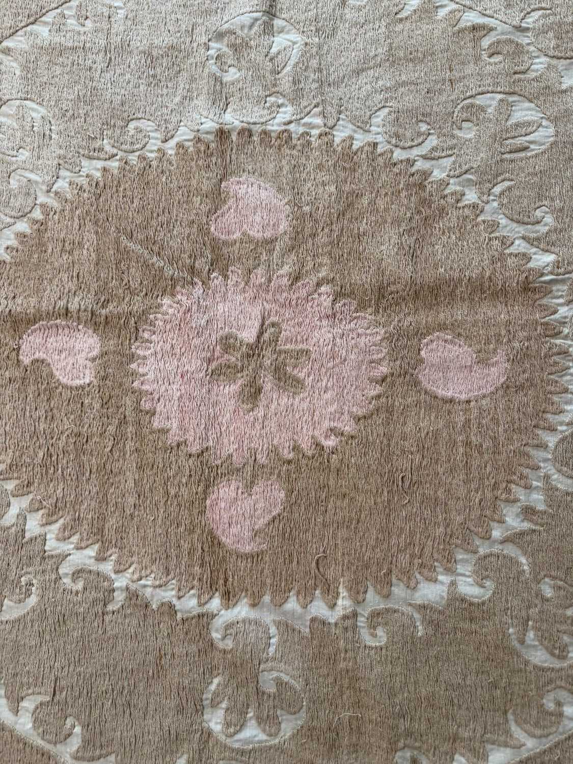 Handcrafted Bukhara Suzani Wall Hanging   Beige Tan Pink Ethnic Embroidered Cotton Tapestry 130 X 153 Cm photo furniture