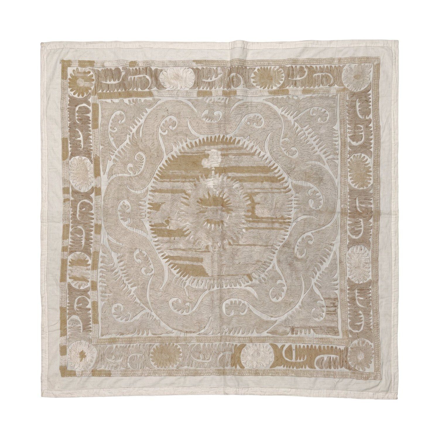 Tenture murale Bukhara Suzani brodée à la main, coton ivoire et gris, motifs ethniques, 144 x 147 cm
