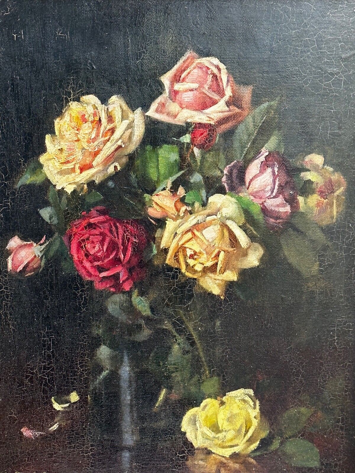 Brits schilderij begin 20e eeuw, olieverf, stilleven met bloemen, tuinrozen, gesigneerd Ernest Higgins Rigg photo furniture
