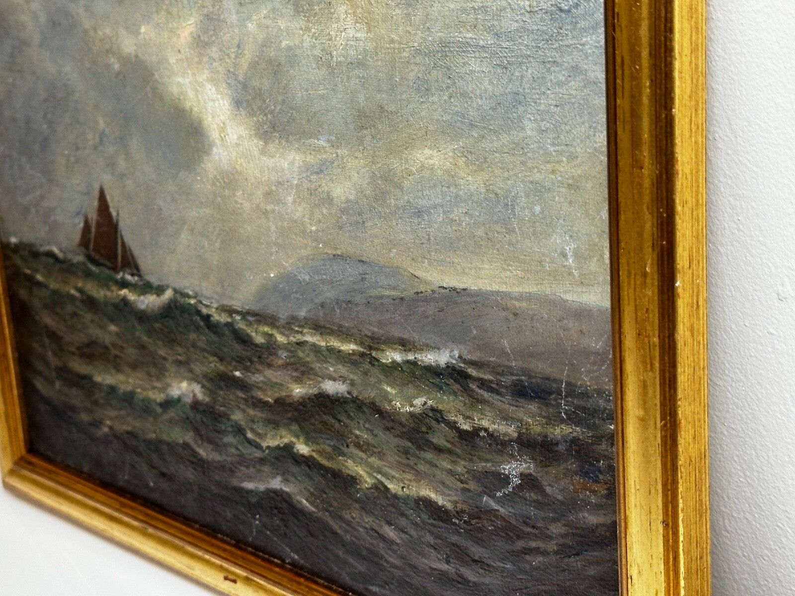 photo vintage Antique Marine Oil Painting Spring Breeze & Squally Garwick Bay Isle Of Man