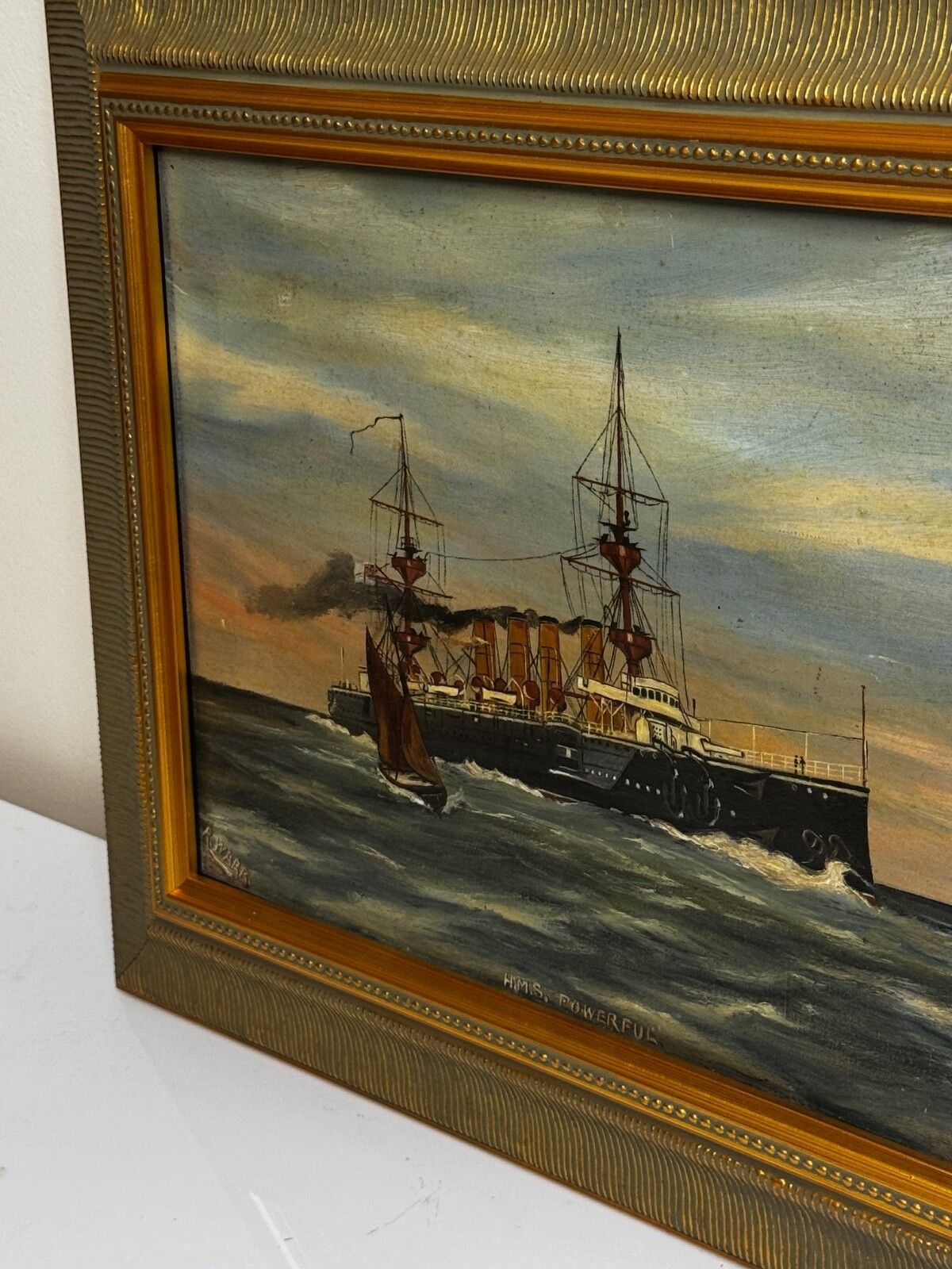 Maritiem schilderij in olieverf, HMS Powerful Royal Navy Cruiser Ship, volger van Charles Dixon photo Kunst