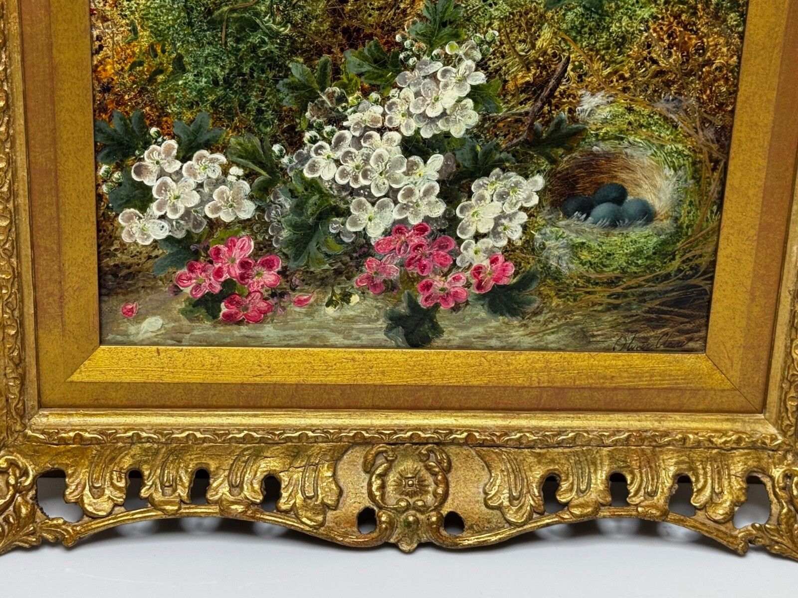 Oliver Clare Victoriaans olieverfchilderij bloesem vogelnest & blauwe eieren ca.1880-1890 photo vinterior