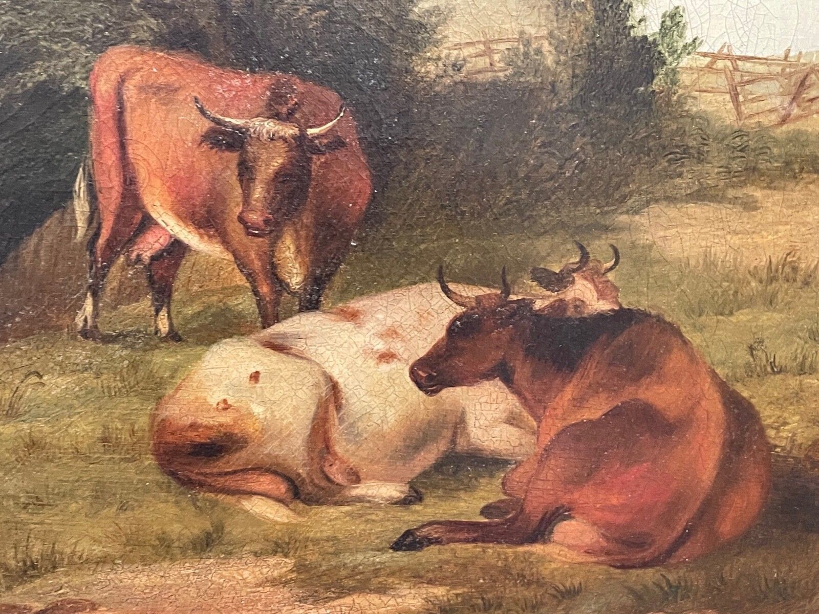 Groot antiek pastoraal olieschilderij, vee bij een drinkplaats, naar Paulus Potter photo Kunst