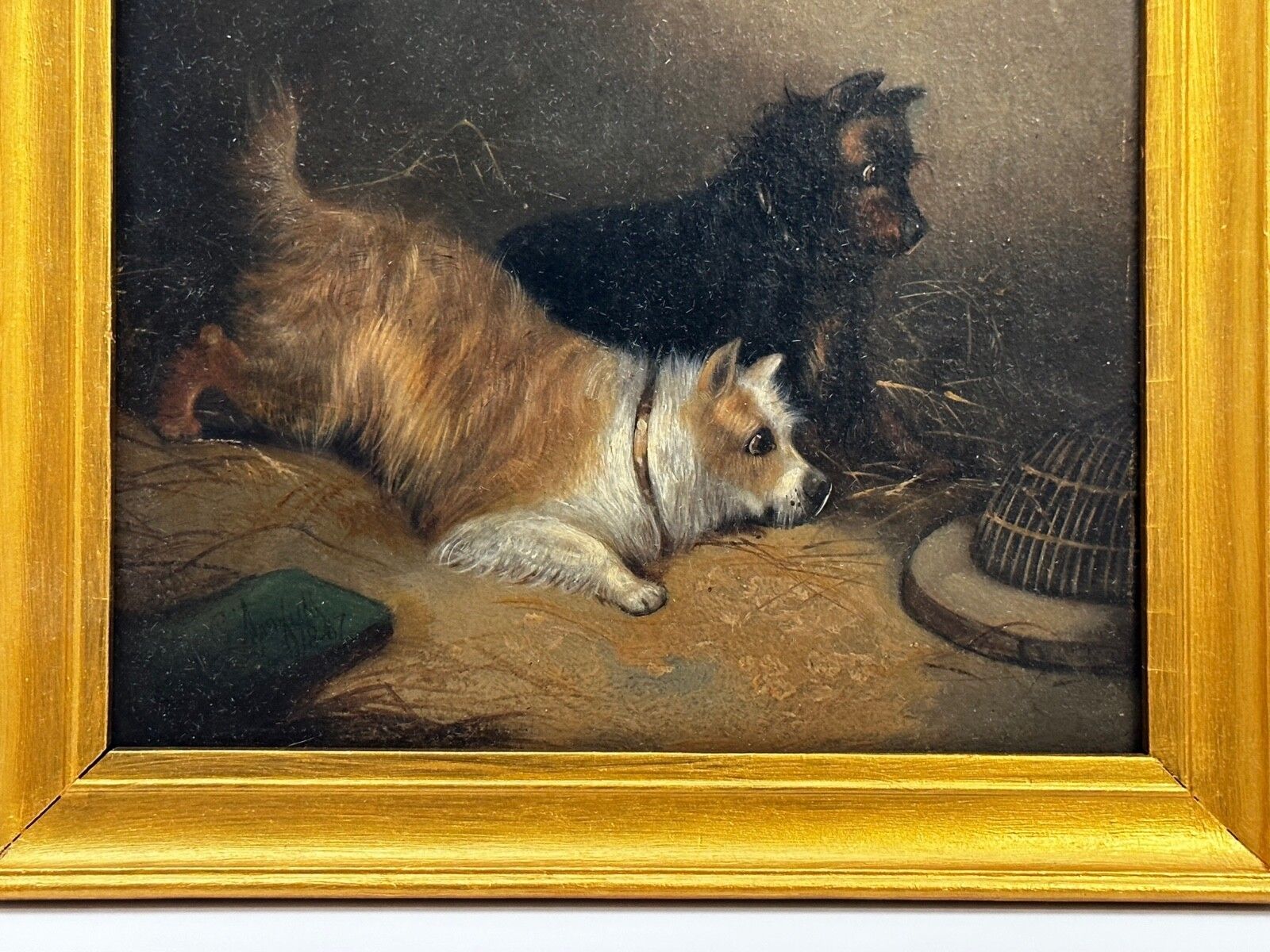 19th Century Oil Painting Hunting 2 Terrier Dogs On The Scent Ratting Signed George Armfield Dated 1867 photo buy