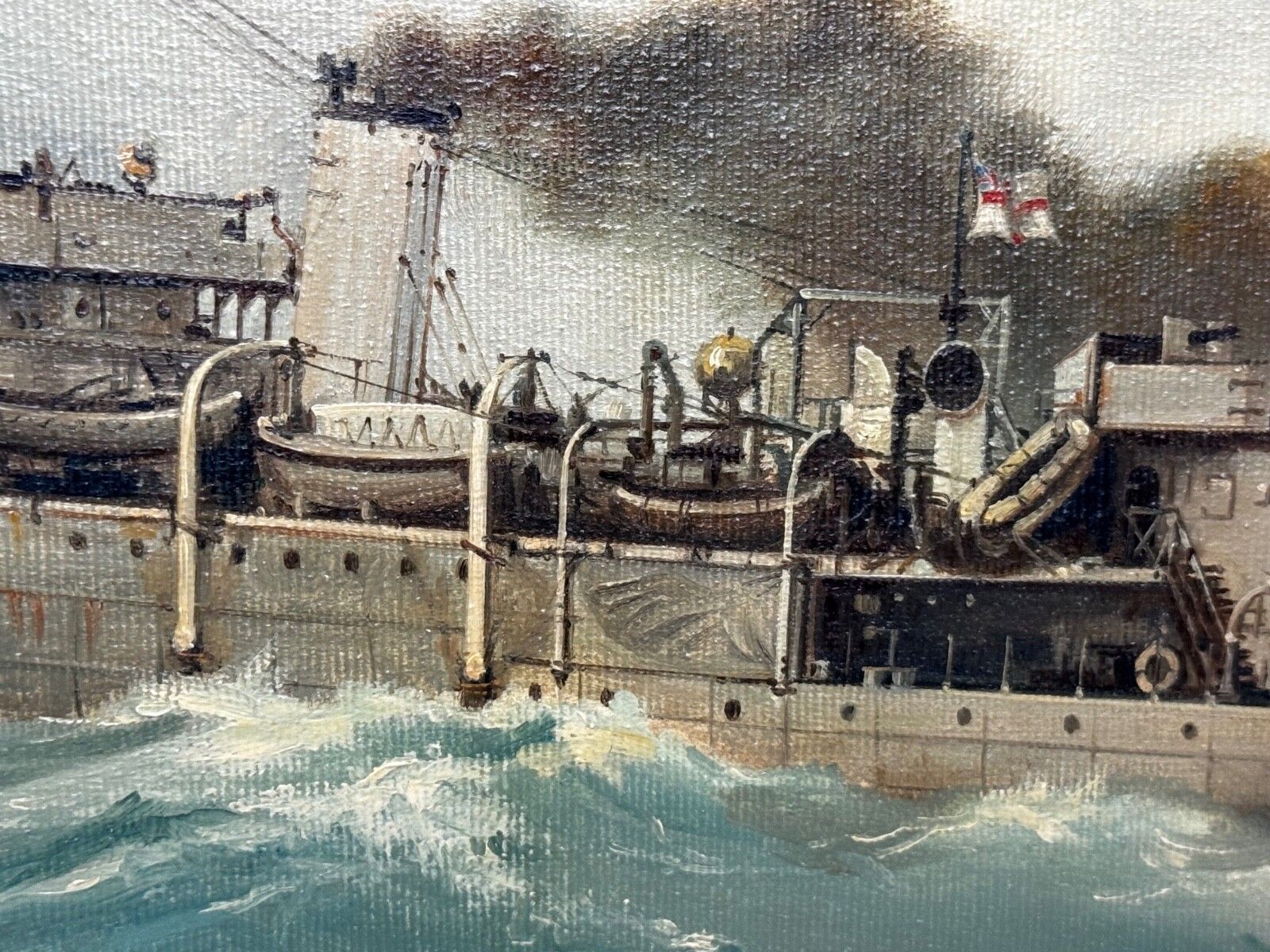 3100.0 Vintage olieverfschilderij HMS Franklin Ship The Pentlands 1944 WW2 Convoy Duty North Sea, gesigneerd David Charlesworth photo