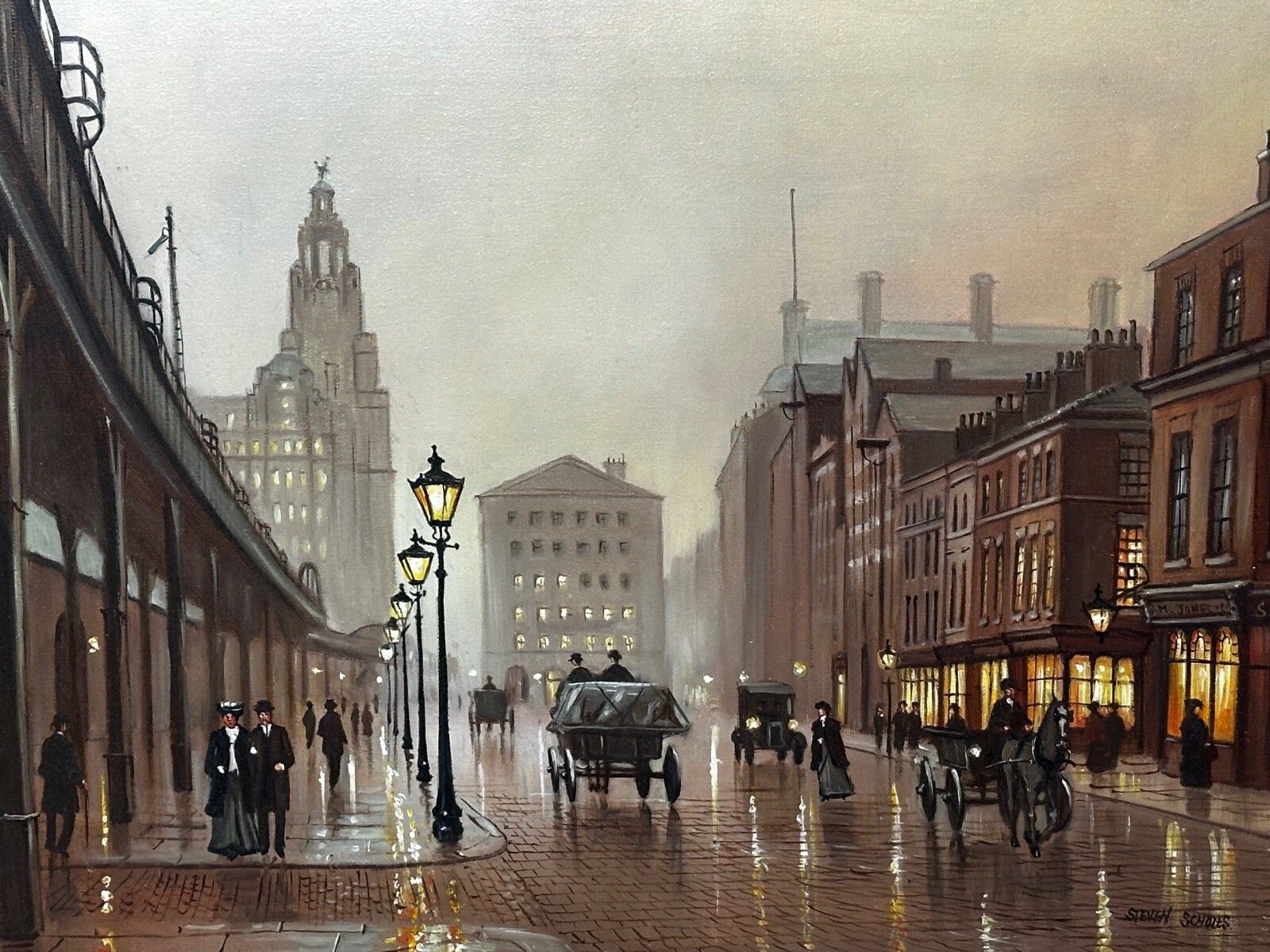 Olieverfschilderij - Liverpool Strand Street Dock Road 1911 Edwardiaans stadsgezicht, gesigneerd Steven Scholes photo furniture