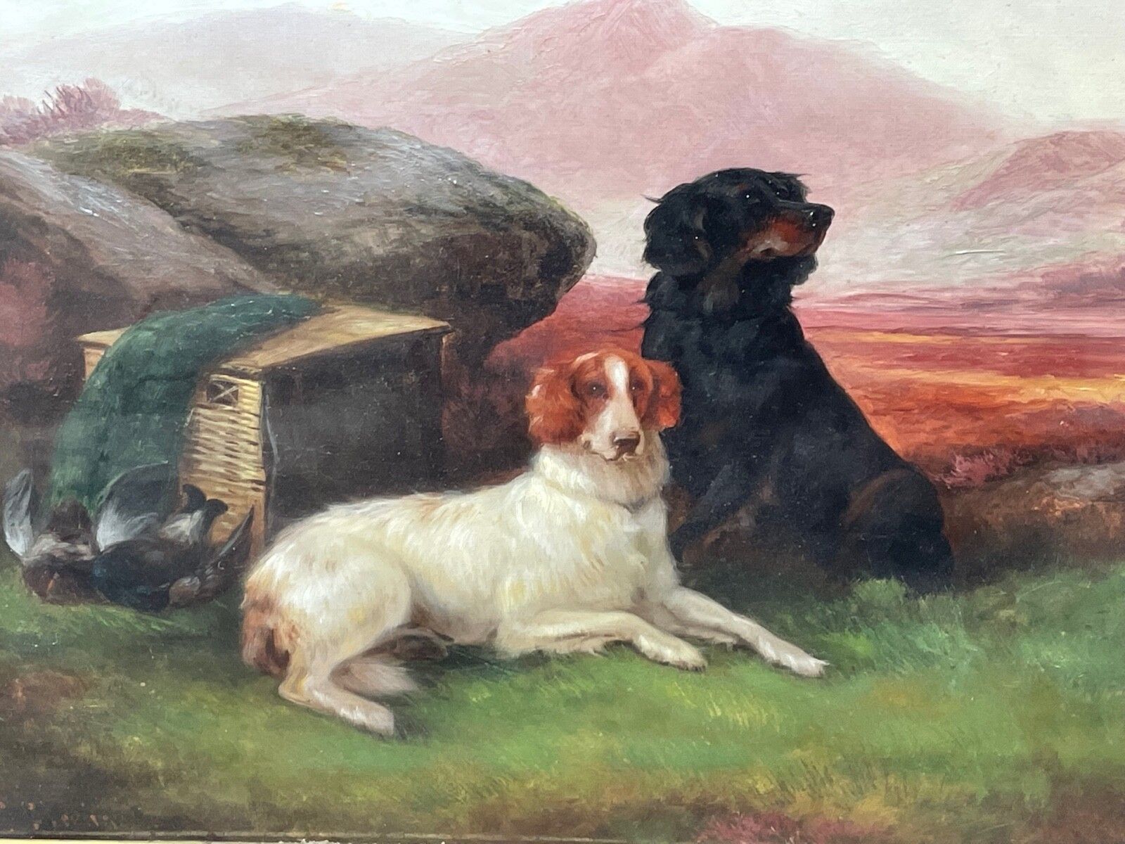 19e-eeuws olieverfchilderij "Game Dogs" gesigneerd Robert Cleminson photo furniture