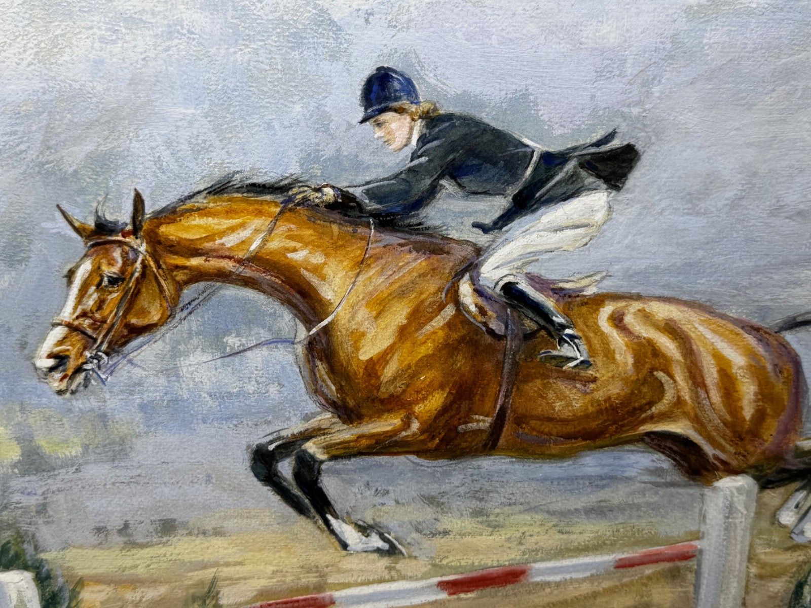 Mid-Century schilderij van Pat Smythe en Finality, winnaar van de Leading Showjumper of the Year Show, gedateerd 1949 photo 12500.0