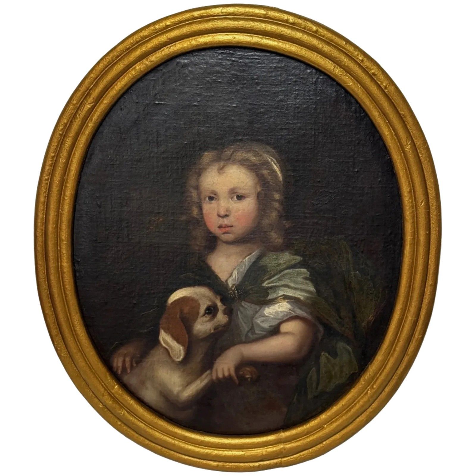 17e-eeuws olieverfchilderij, Een Ontroerende Band, Jongen met King Charles Spaniel-pup, Cirkel van Mary Beale, ca. 1680