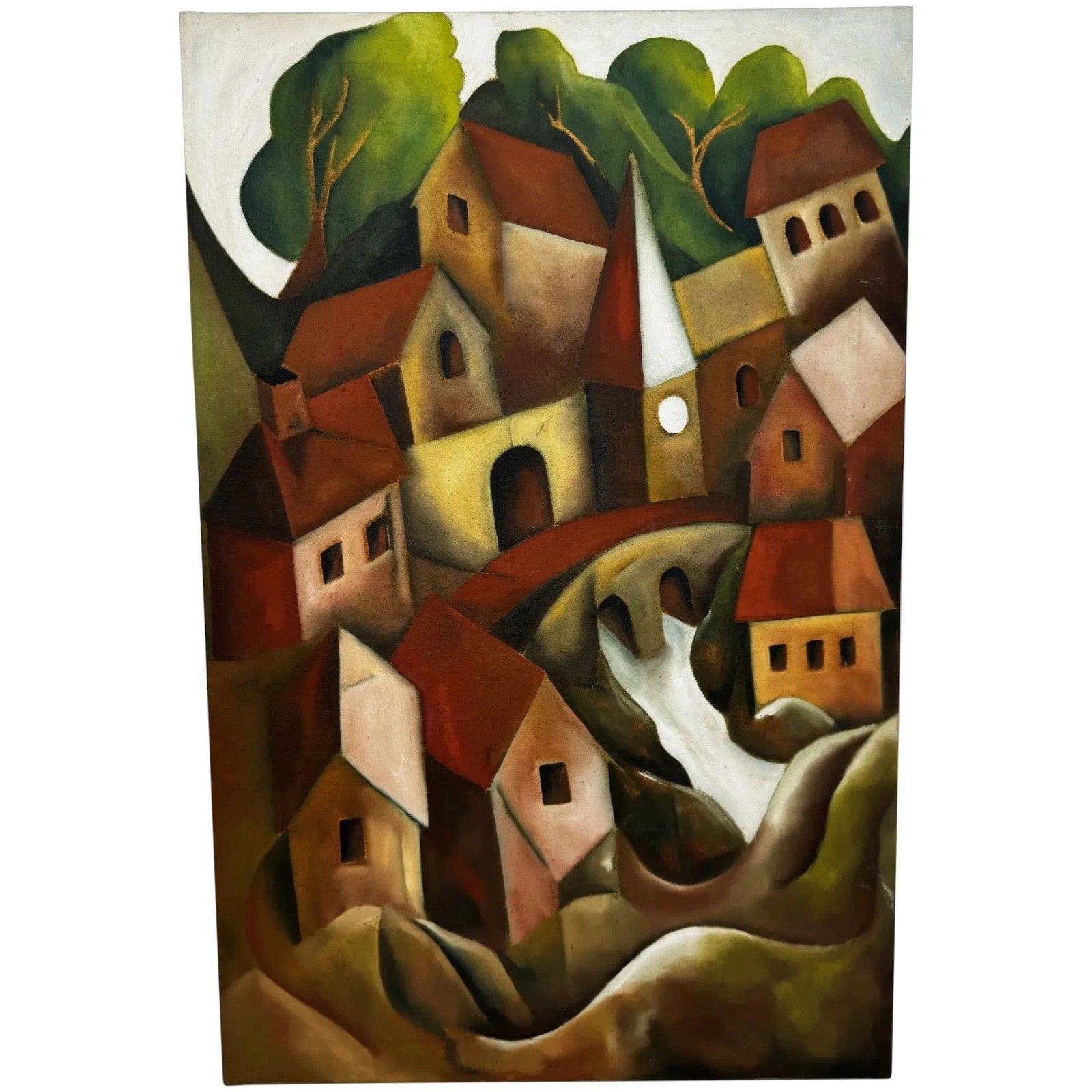 Groot vintage olieschilderij naar voorbeeld van Picasso, cubistisch beïnvloed, cascaderend heuvelstadsdorp
