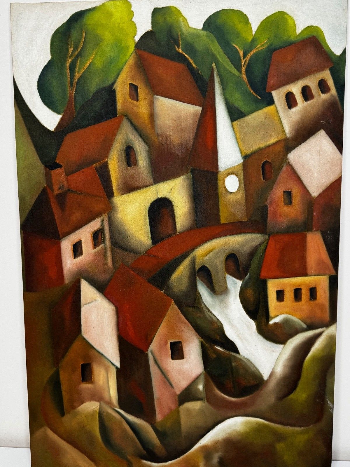 Large Vintage Oil Painting After Picasso Cubist Influenced Cascading Hillside Village photo furniture