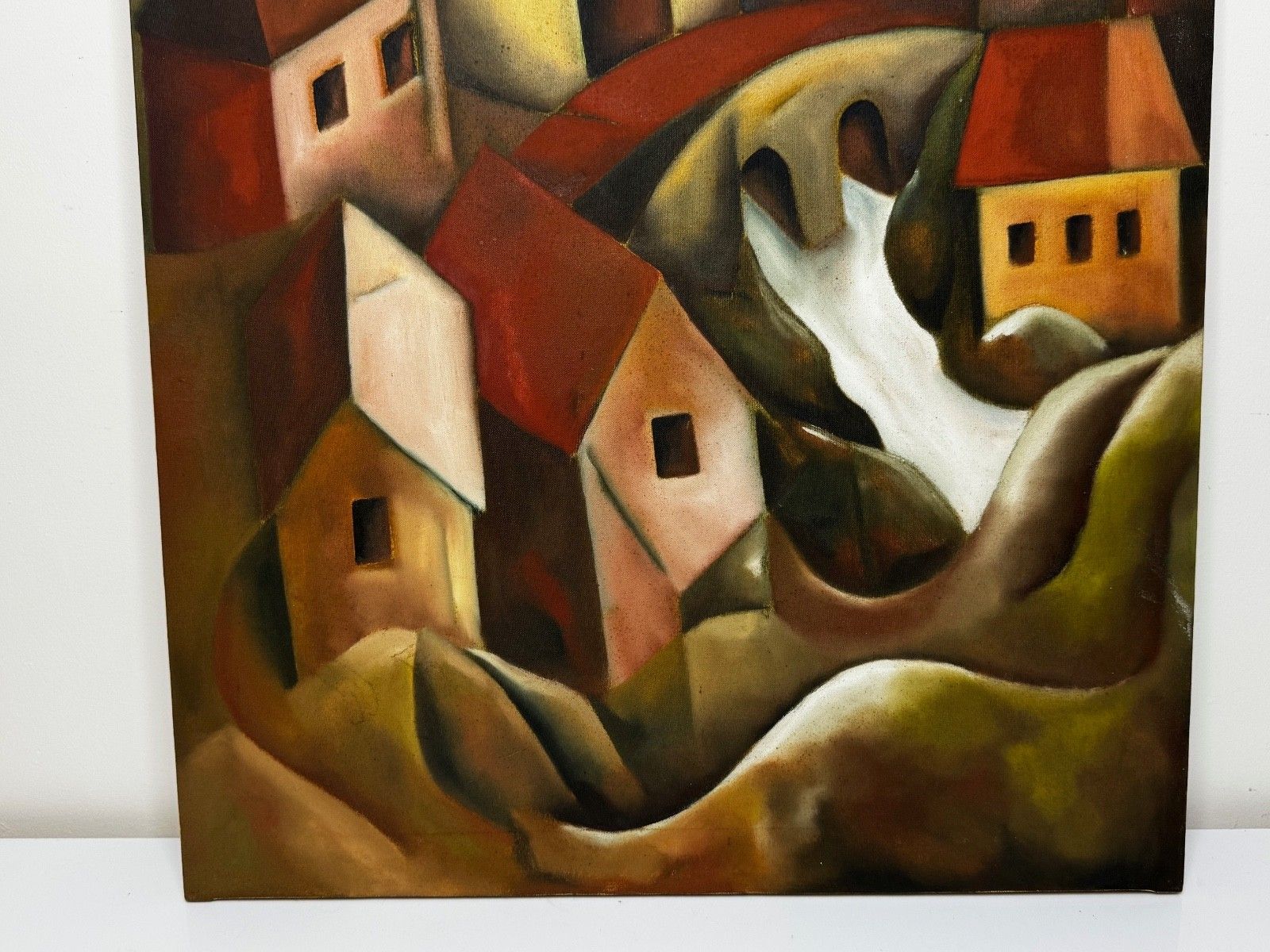Groot vintage olieschilderij naar voorbeeld van Picasso, cubistisch beïnvloed, cascaderend heuvelstadsdorp photo for sale