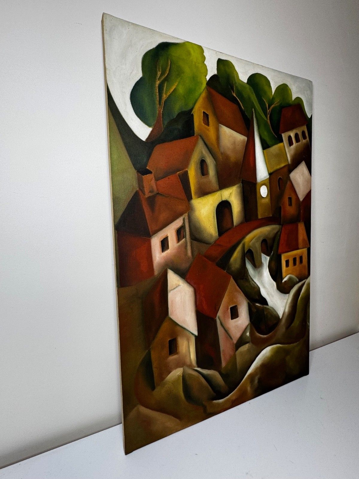Groot vintage olieschilderij naar voorbeeld van Picasso, cubistisch beïnvloed, cascaderend heuvelstadsdorp photo Kunst