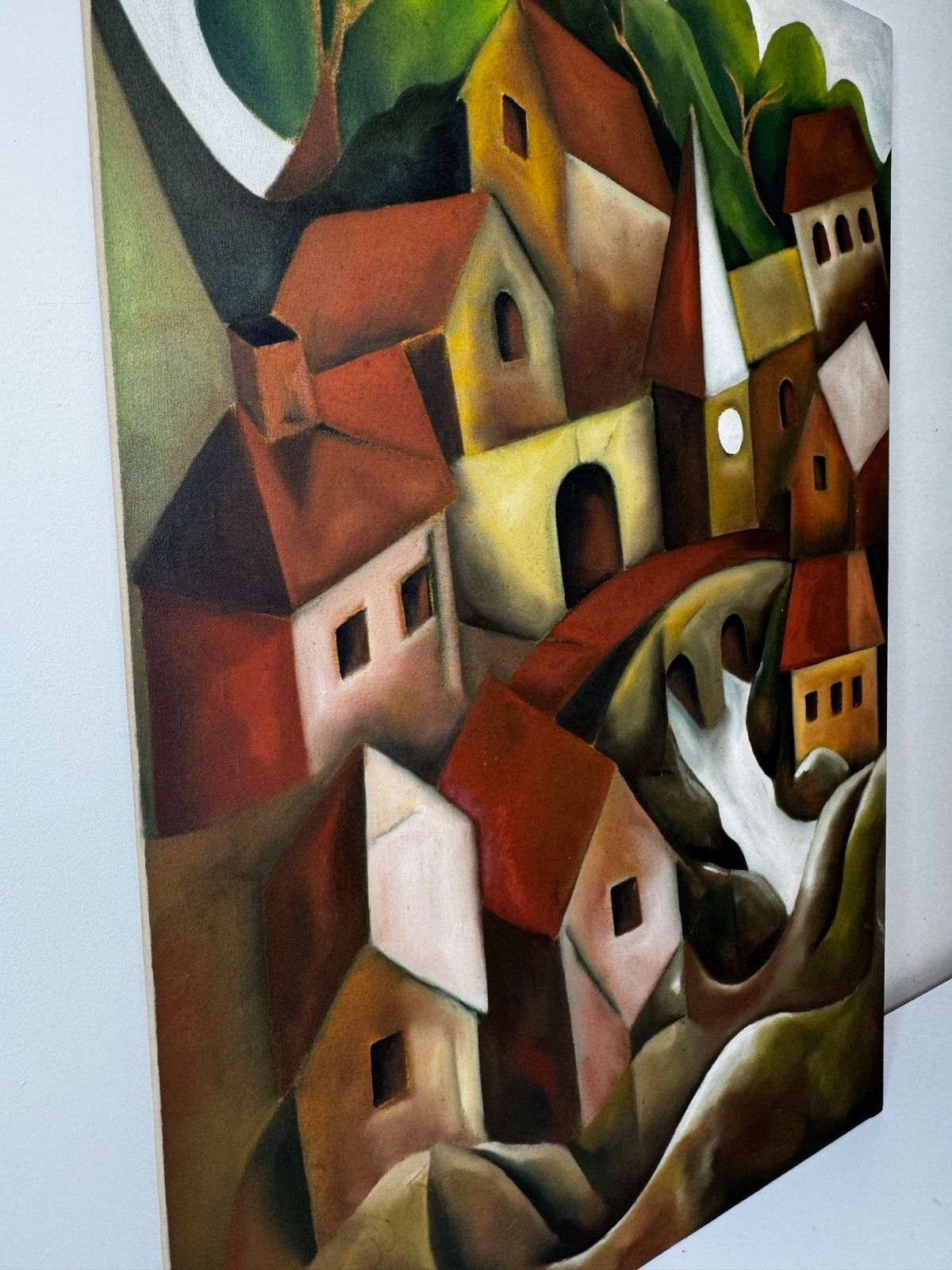 Groot vintage olieschilderij naar voorbeeld van Picasso, cubistisch beïnvloed, cascaderend heuvelstadsdorp photo 3500.0