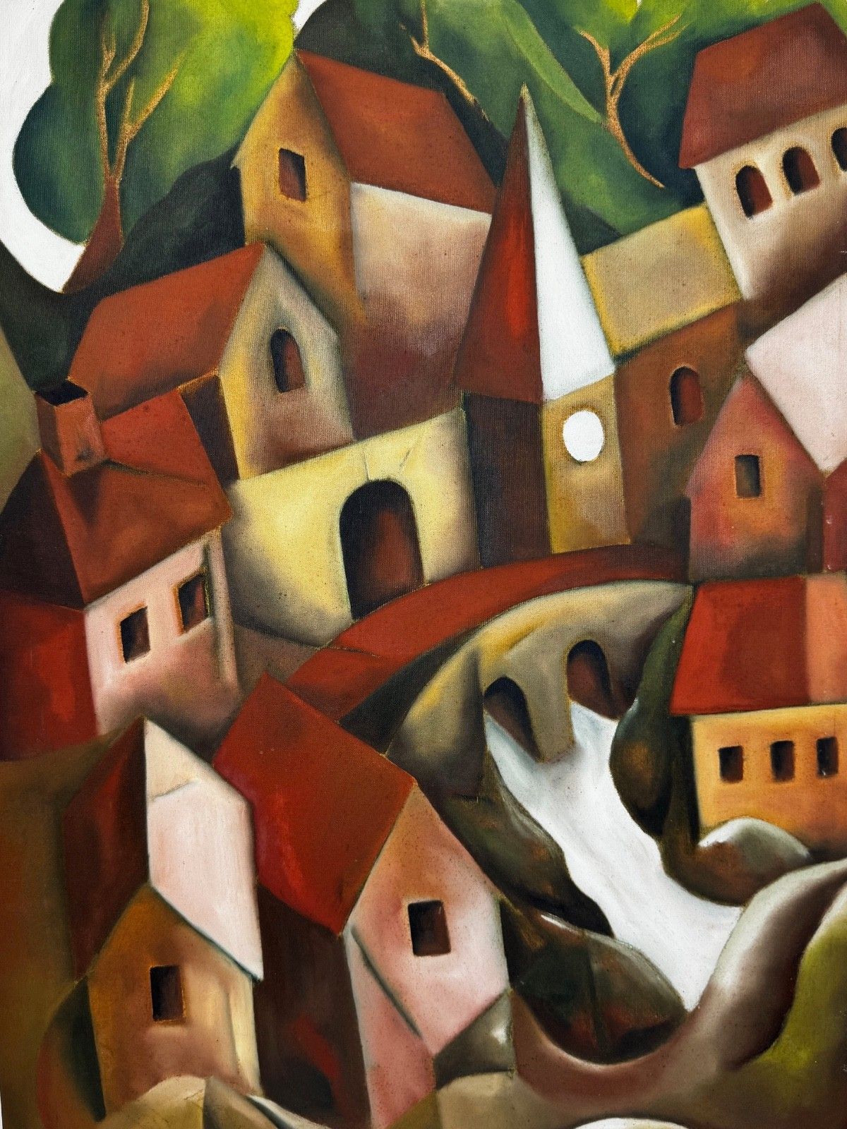 Groot vintage olieschilderij naar voorbeeld van Picasso, cubistisch beïnvloed, cascaderend heuvelstadsdorp photo buy