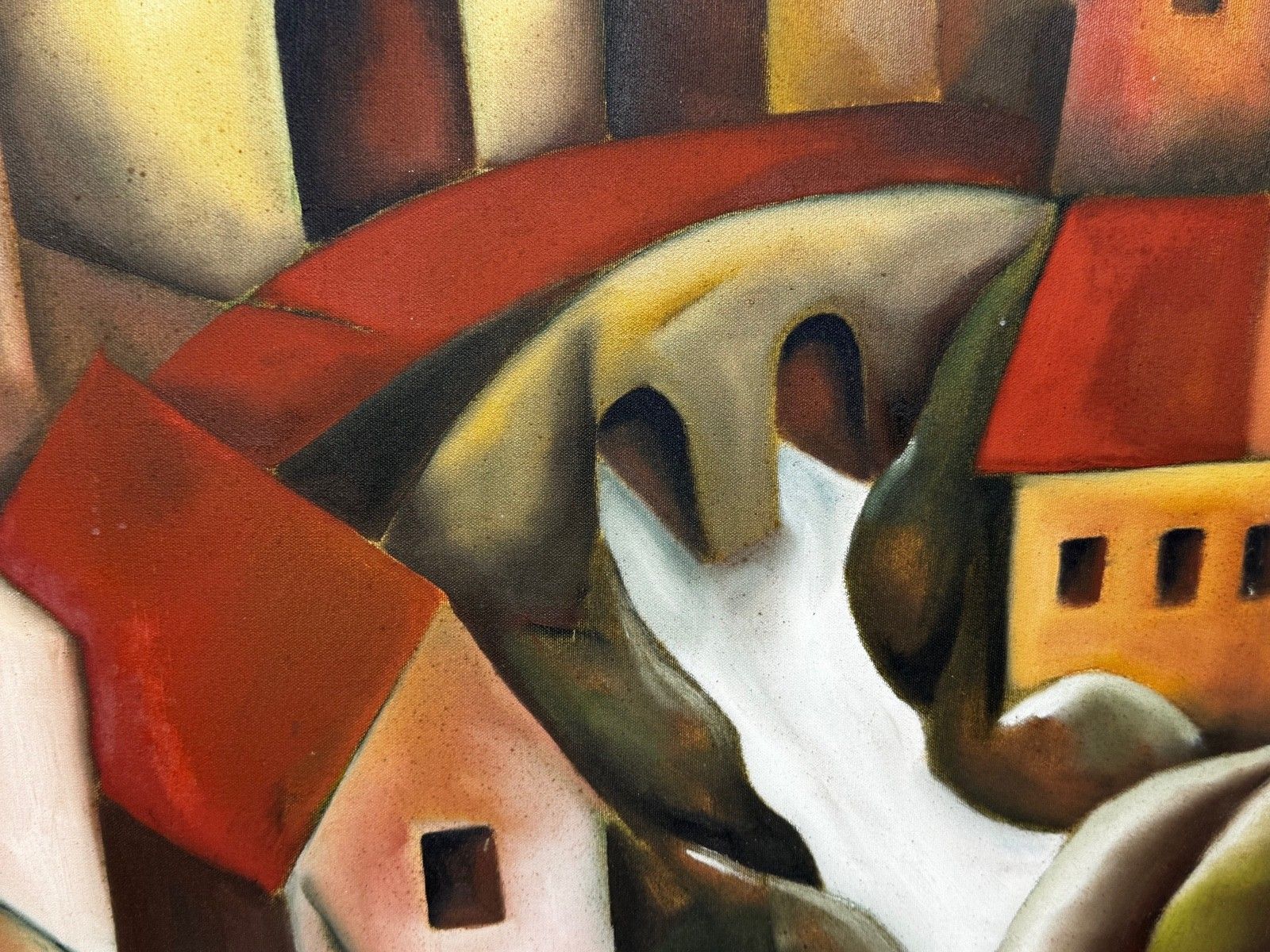 photo for sale Groot vintage olieschilderij naar voorbeeld van Picasso, cubistisch beïnvloed, cascaderend heuvelstadsdorp
