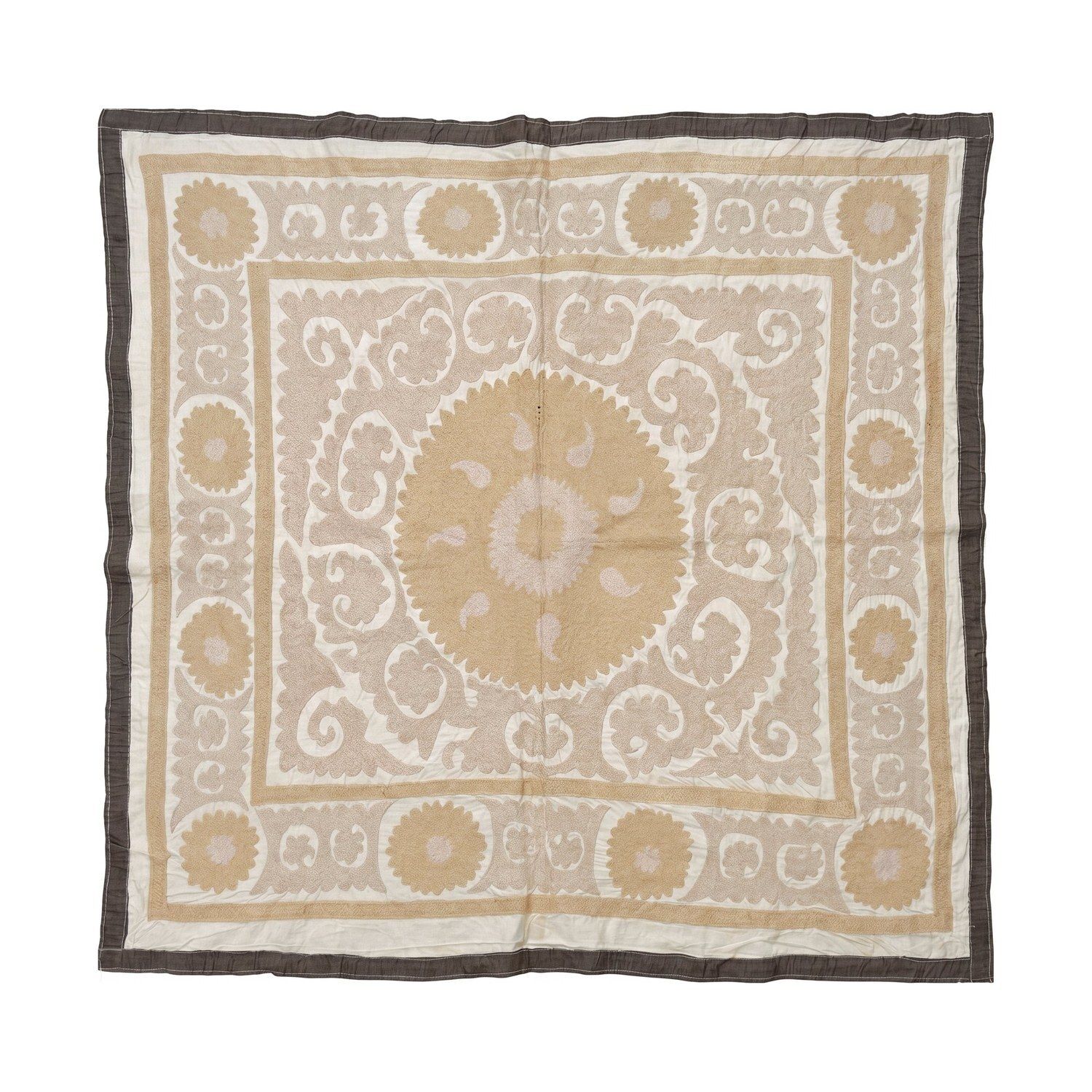 Handcrafted Bukhara Suzani Wall Hanging   Cream Ivory Neutral Ethnic Embroidered Cotton Tapestry 123 X 135 Cm