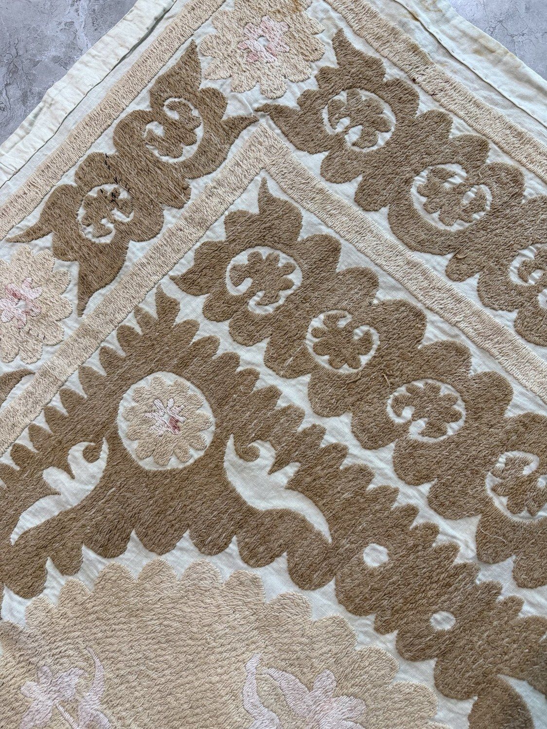 photo for sale Handcrafted Bukhara Suzani Wall Hanging   Camel Tan Ivory Ethnic Embroidered Cotton Tapestry 127 X 158 Cm