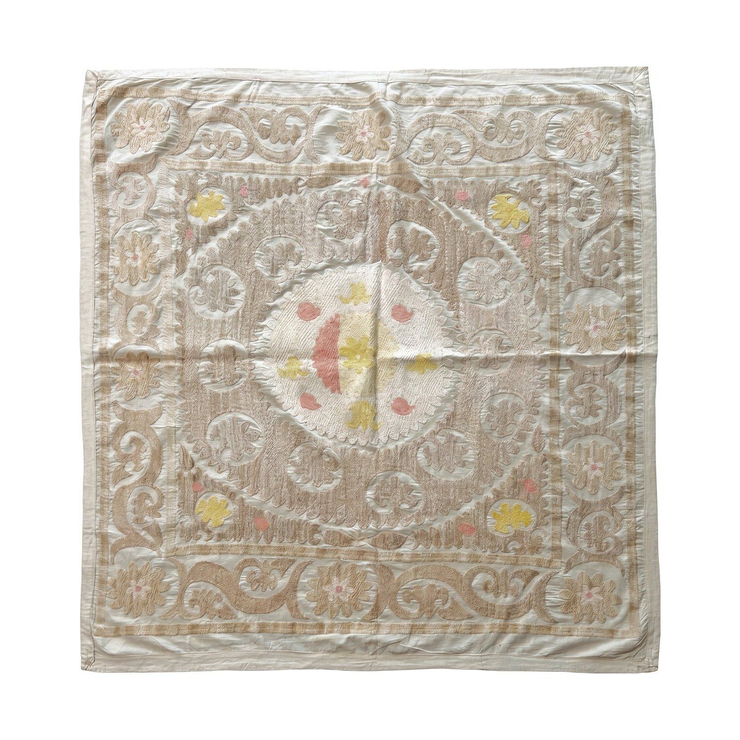 Boho beige geel Centraal-Aziatische suzani wandkleed 114 x 122 cm
