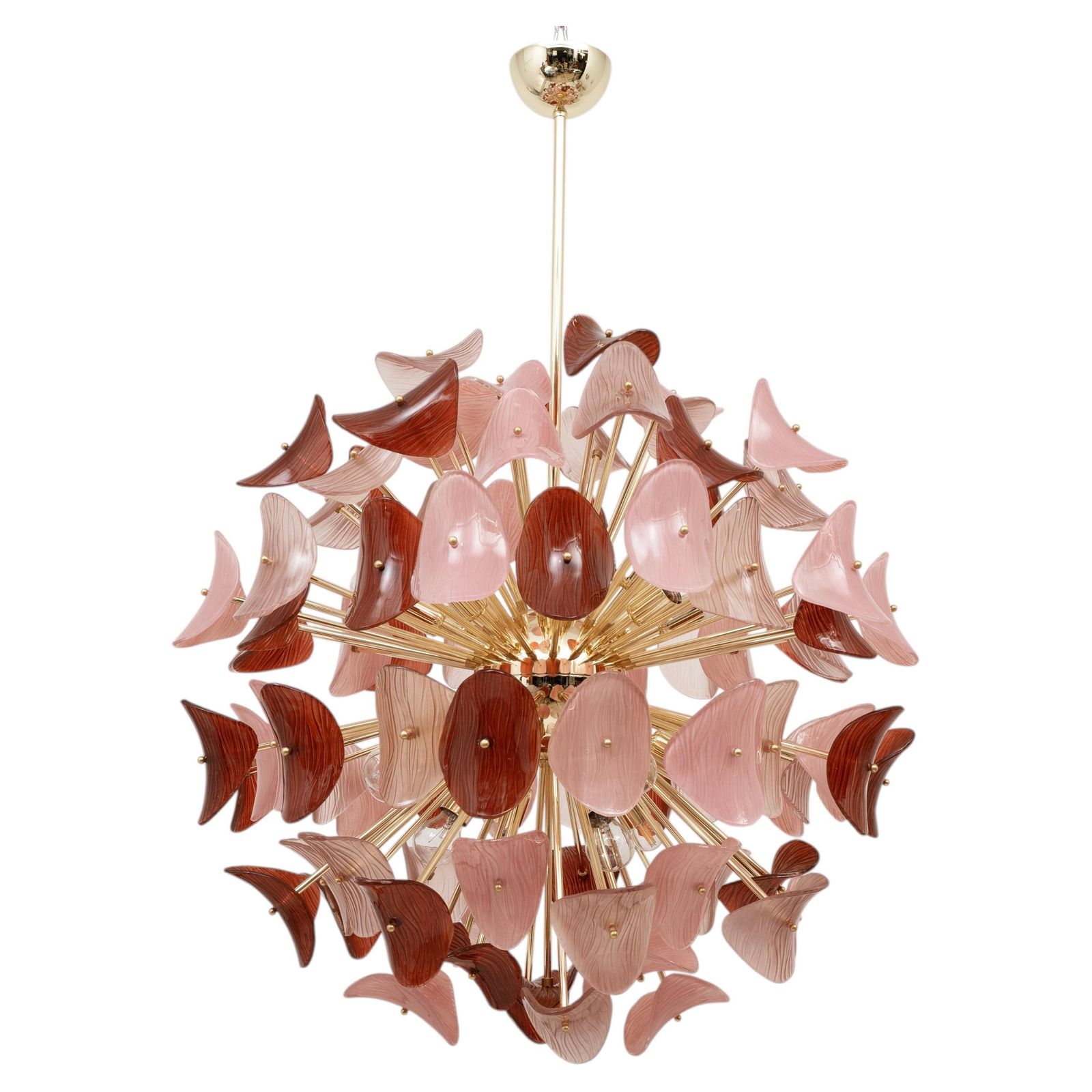 Italiaanse Sputnik-hanglamp in roze en robijnrood Murano-glas met messing