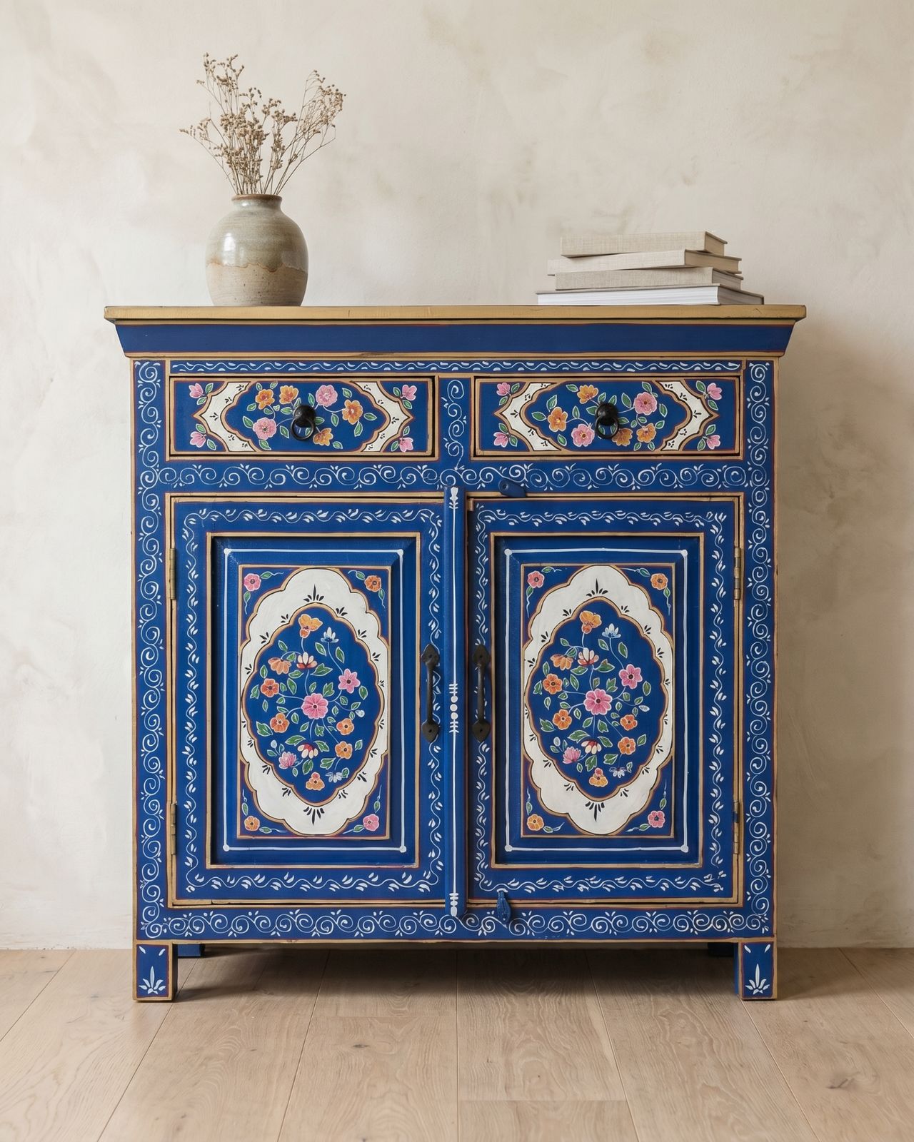 Met de hand geschilderd blauw bloemen mangohout dressoir, twee deuren twee lades kast