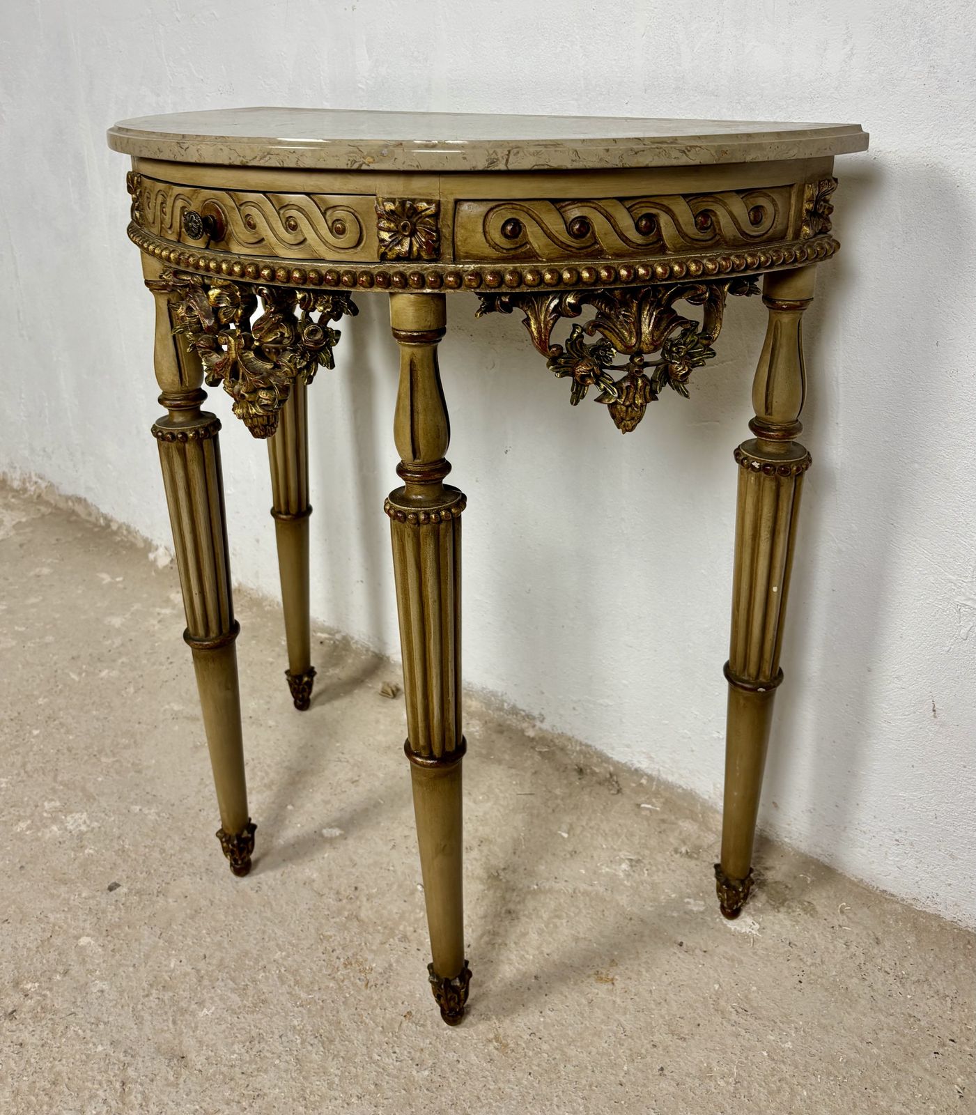 Furniture Italian Neoclassical Polychromed Console Table With Marble Top, Mid 20th Century photo