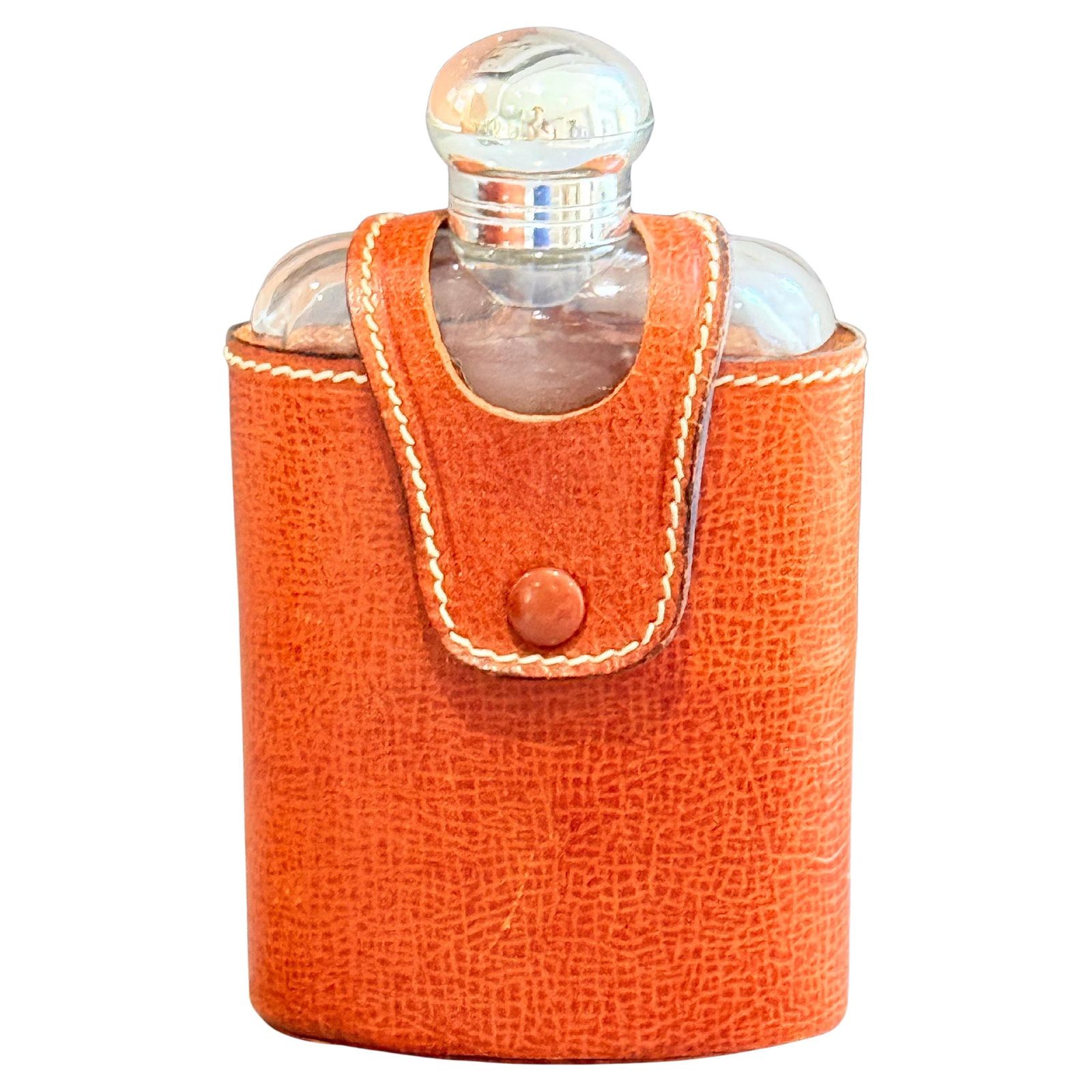 Vintage heupfles in leren etui van glas met zilveren beslag, reisaccessoire voor heren