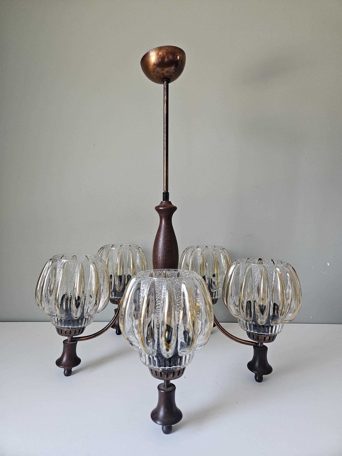 Vintage Sijaj Hrastnik Chandelier | Copper Wood Mid Century Pendant Light photo 170.0