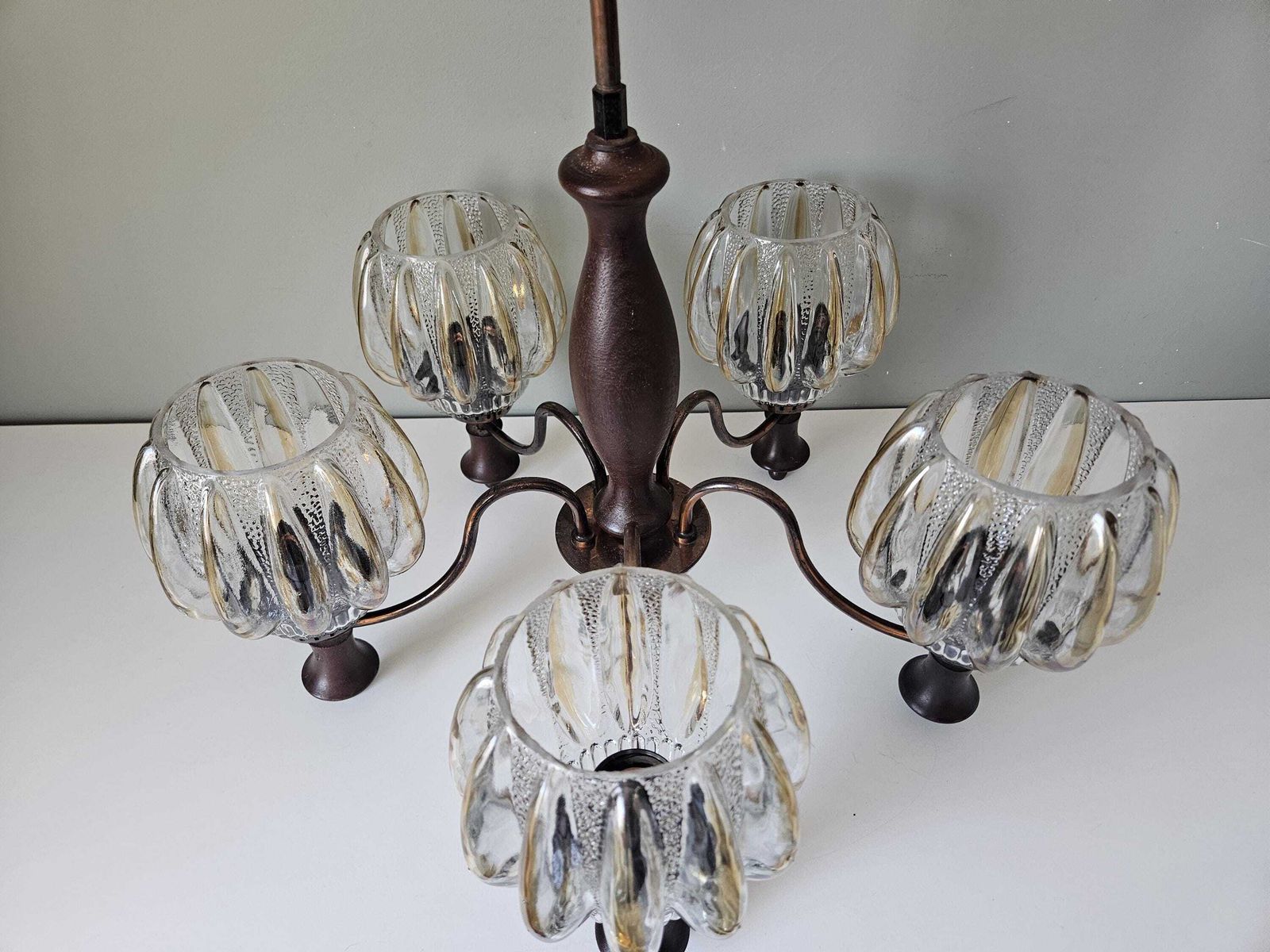 Vintage Sijaj Hrastnik Chandelier | Copper Wood Mid Century Pendant Light photo buy