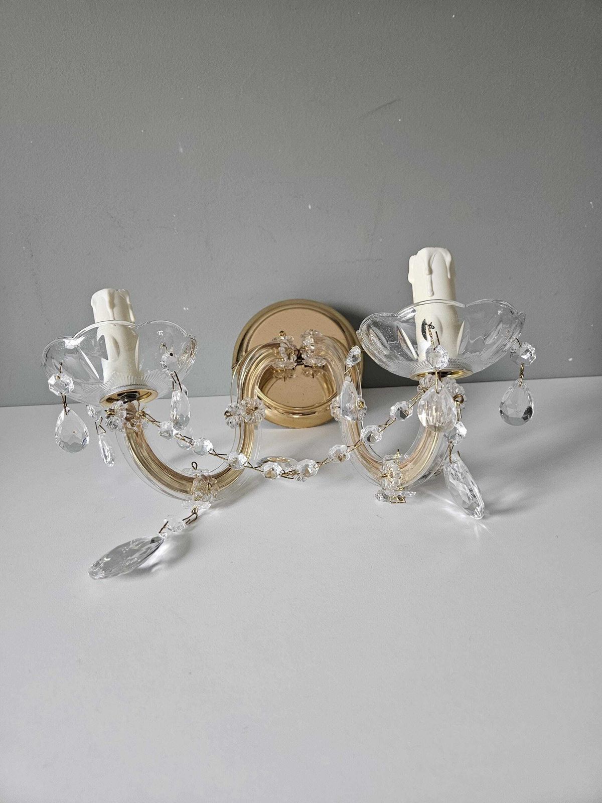Vintage kristallen wandlamp, 2-armig, messing & glas, kaarslicht photo vintage