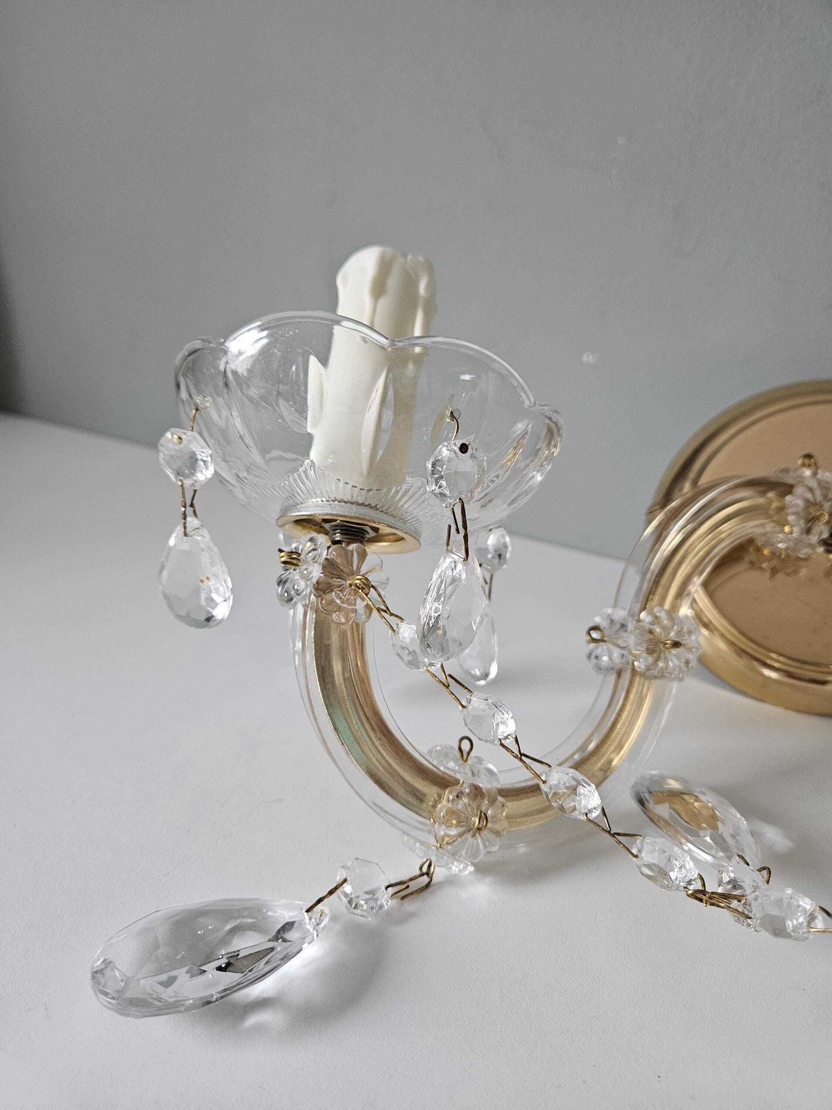 photo for sale Vintage Crystal Wall Sconce, 2 Arm Brass & Glass Candle Light, Elegant Chandelier Wall Lamp