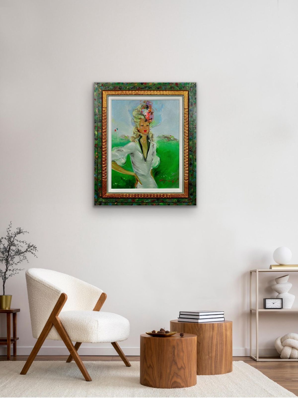 Dans l'entourage de Jean-Gabriel Domergue, 1889-1962. Peinture à l'huile encadrée, années 1950, représentant une élégante aux courses. photo 4850.0