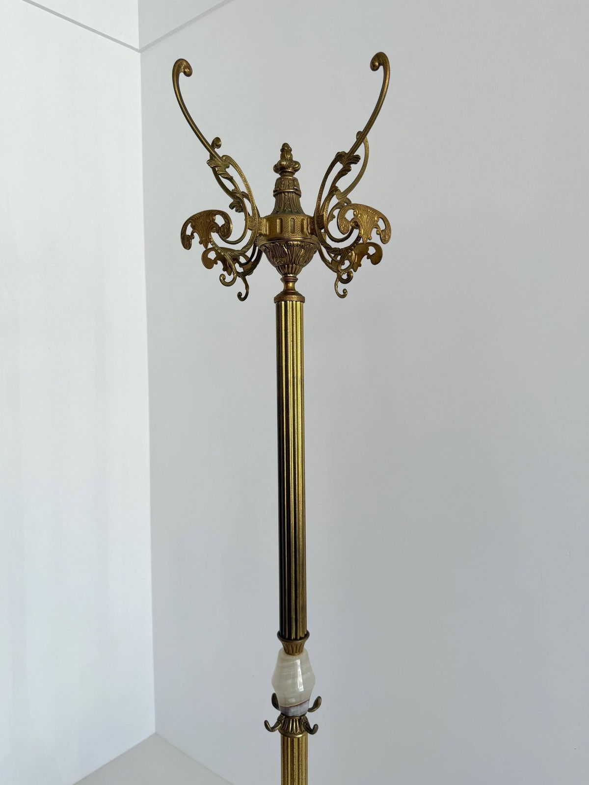 Italian Brass Coat Rack With Onyx Marble Center, Rotating Crown & Ornate Hall Tree photo vinterior