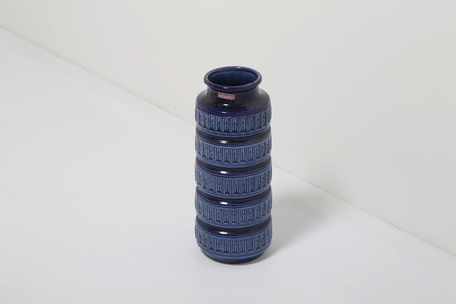 Mid Century Modern Scheurich Cobalt Blue Geometric Relief Floor Vase, West Germany, 40cm