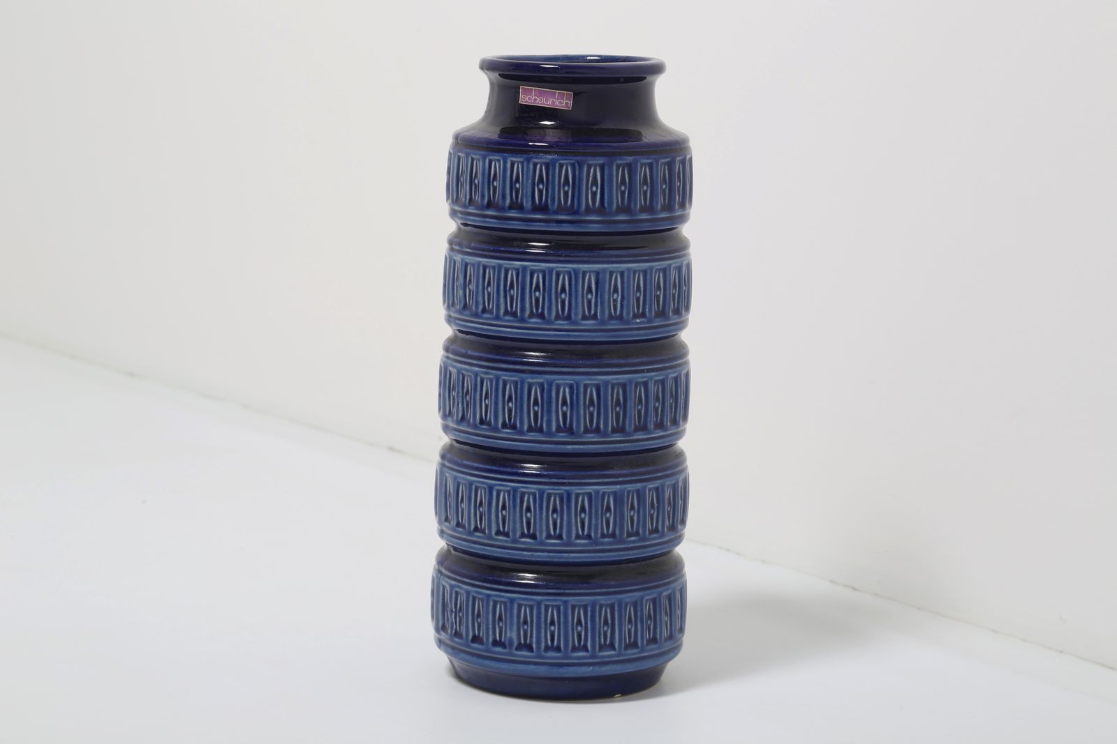Mid Century Modern Scheurich Cobalt Blue Geometric Relief Floor Vase, West Germany, 40cm photo for sale