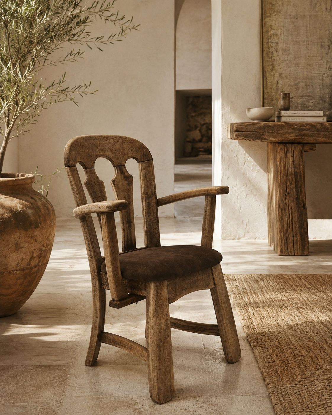 Nederlandse Brutalistische Massief Eiken Fauteuil met Opnieuw Bekleed Leren Zitting, jaren 1970 photo furniture