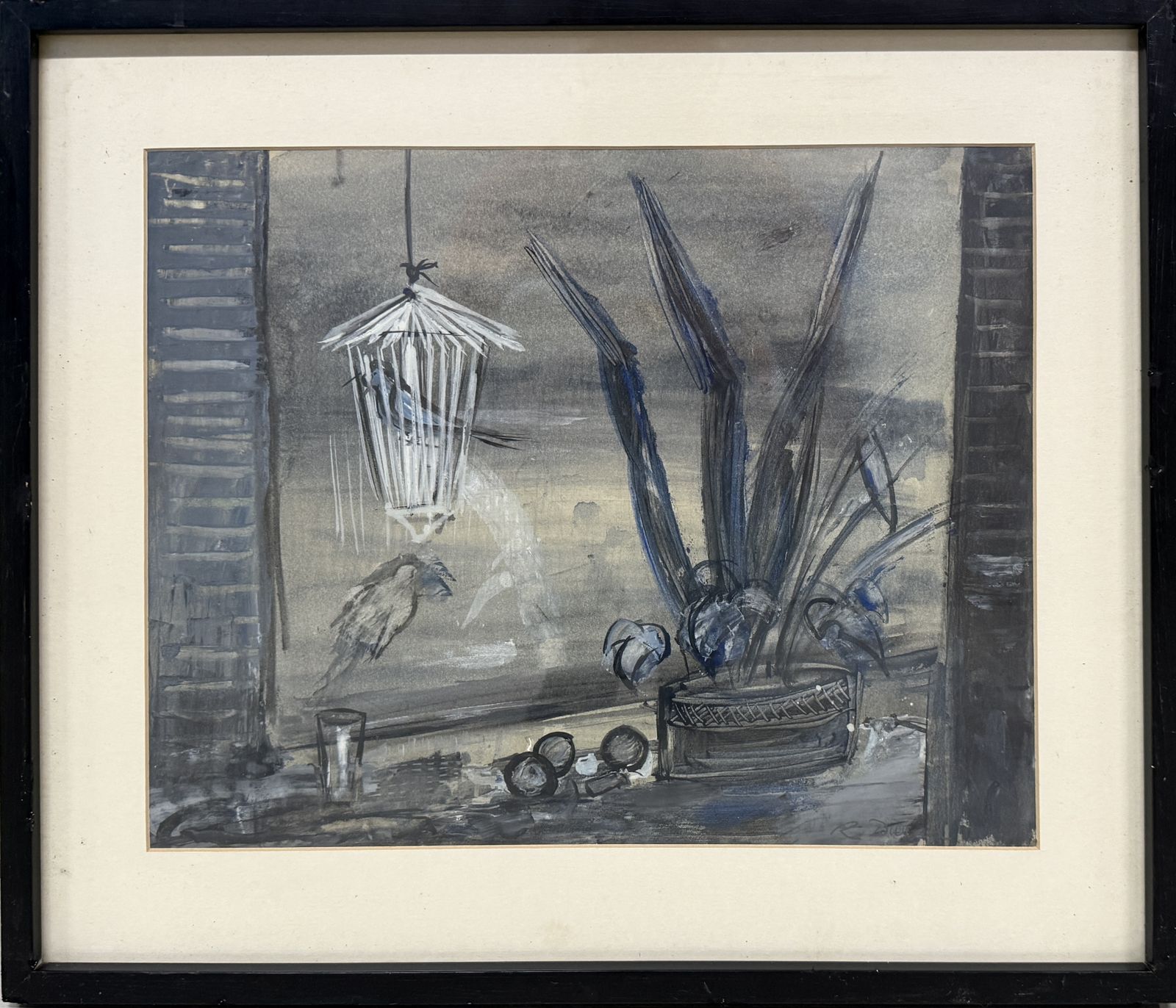 Rafael Duran Benet – Poëtisch interieur met vogelkooi en blauwe planten, Spaanse moderne kunst, jaren 1970