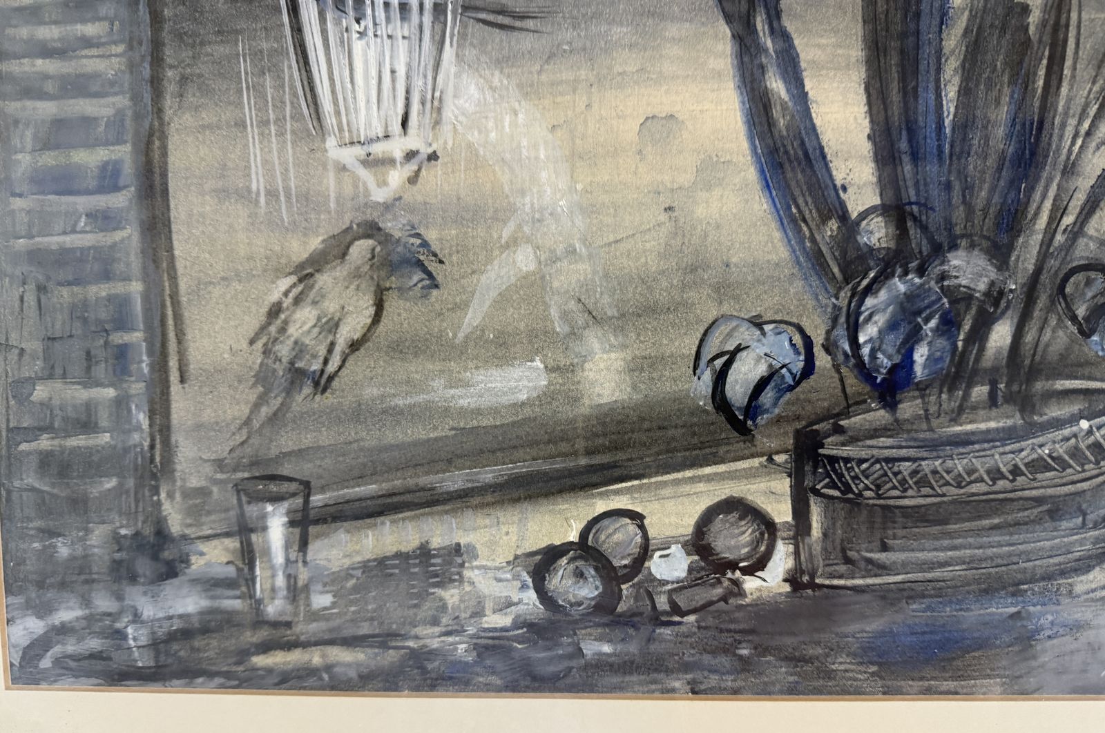 Rafael Duran Benet Poetic Interior With Birdcage And Blue Plants, Spanish Modern Art 1970s photo buy