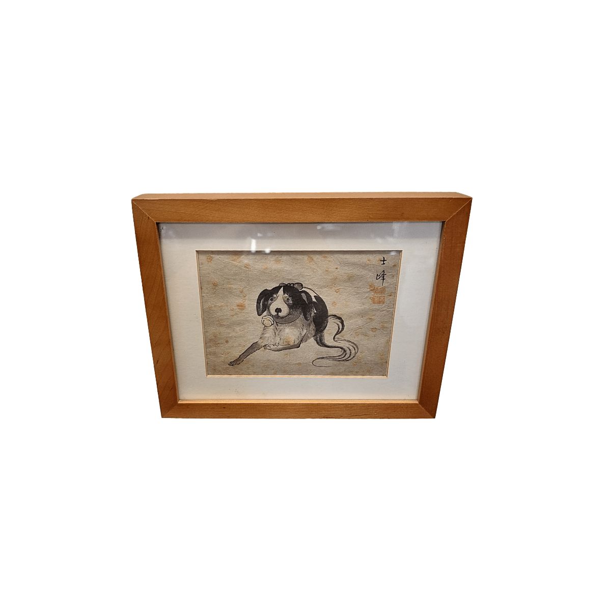 Peinture Sumi-e d'époque, chien assis avec clochette, fin du XIXe siècle