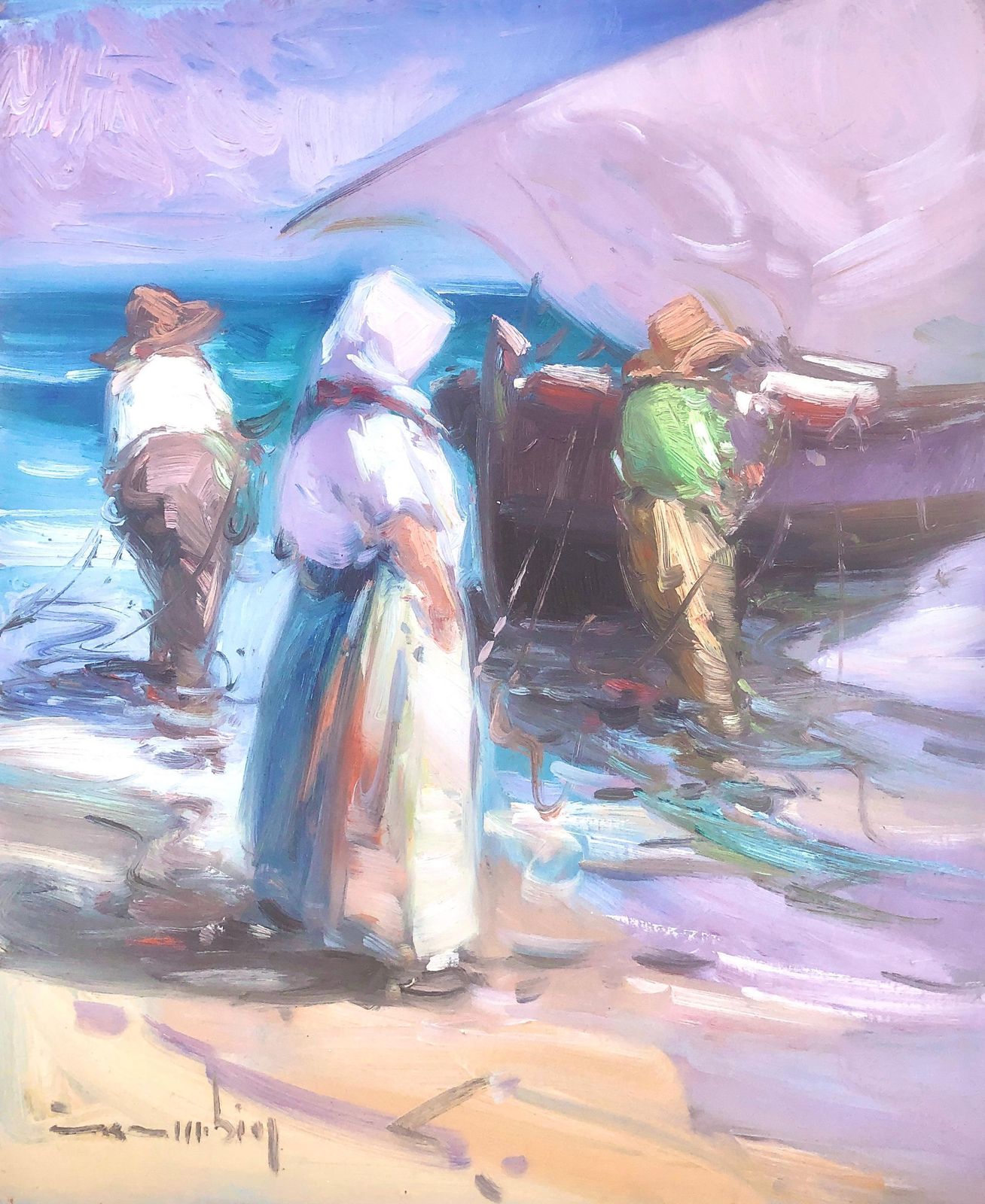 Gabriel Casarrubios Mediterrane vissers die terugkeren naar de kust – Spaans impressionistisch schilderij in olieverf, ca. 2000