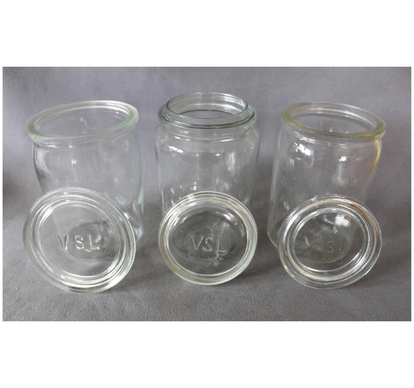 Lot de 3 bocaux de conservation vintage Val Saint Lambert en verre avec couvercle et fermetures métalliques, 1 litre, 1932