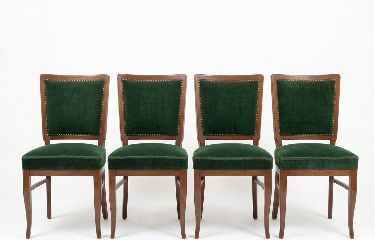 Biedermeier Dining Chairs In Deep Green Velvet, 1940s, Set Of 4