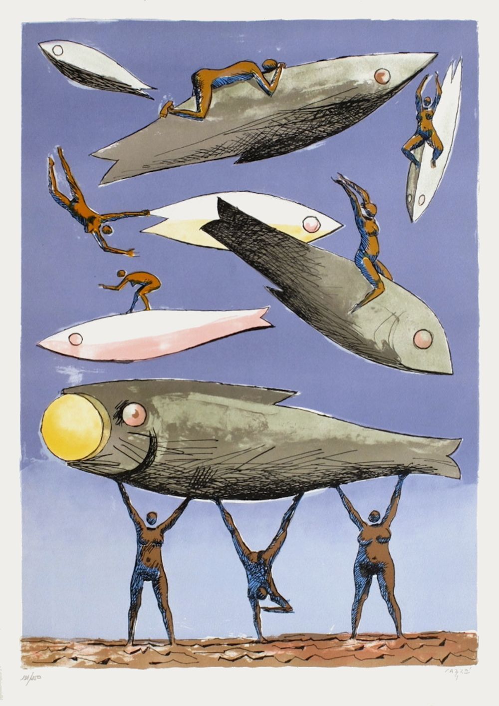 Hector Carybe Signed Lithograph Jeux De Poissons Sur L'olympe (Jo Barcelona) 1992