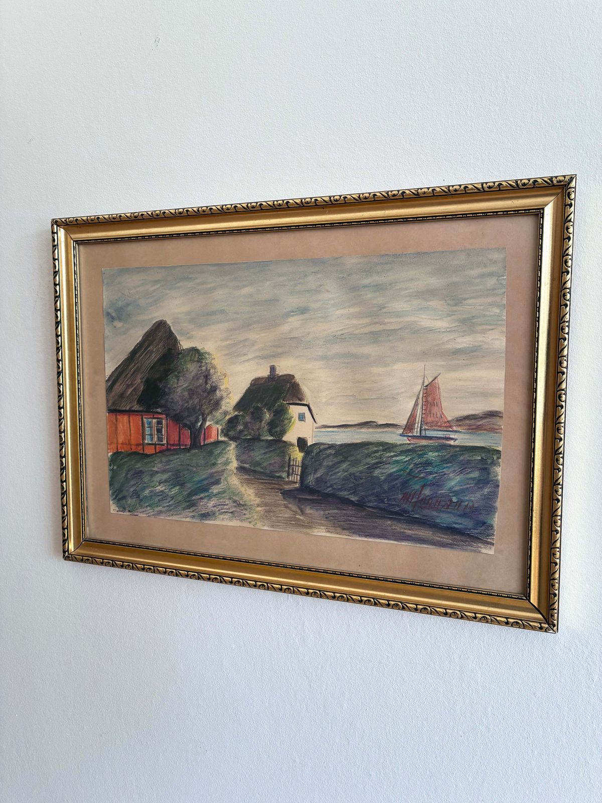 Vintage tekening van een kustdorp, kunst met zeekottagemotief