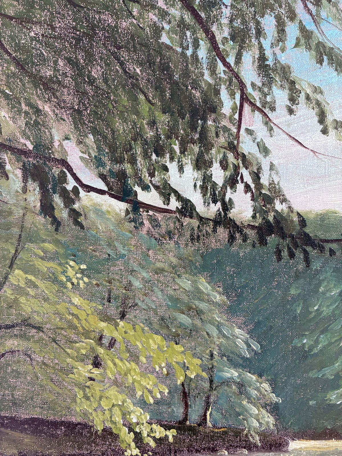 photo for sale Vintage Woodland Lake Oil Painting, Forest Landscape