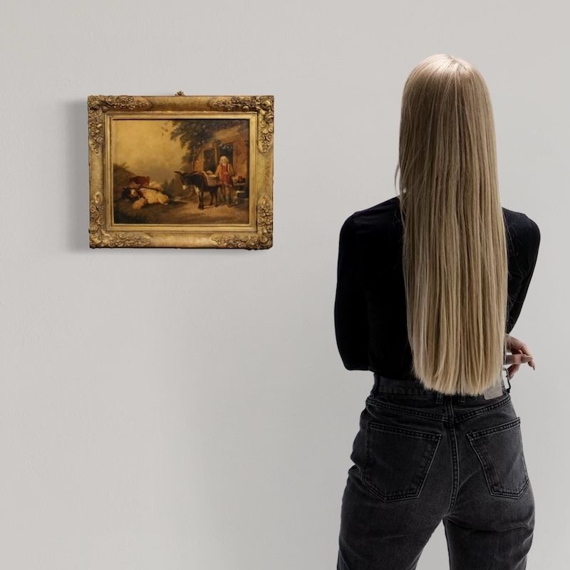 Antiek Engels schilderij van een landelijk genretafereel, gedateerd 1866 photo furniture
