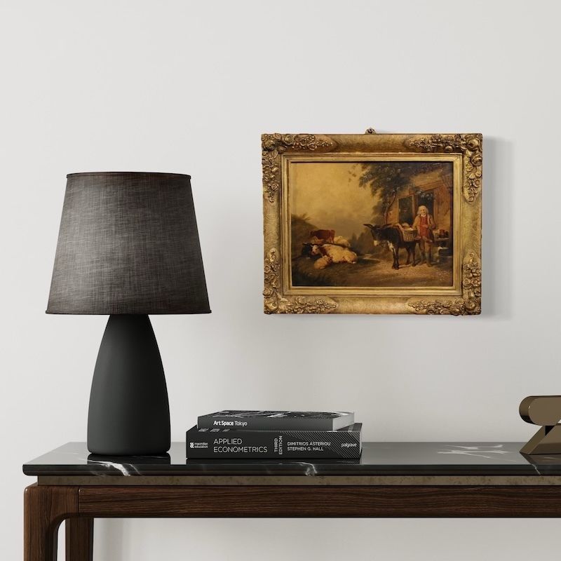 photo furniture Antiek Engels schilderij van een landelijk genretafereel, gedateerd 1866