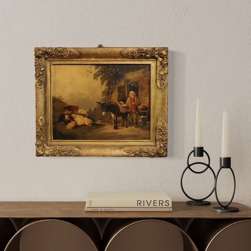 photo vintage Antiek Engels schilderij van een landelijk genretafereel, gedateerd 1866